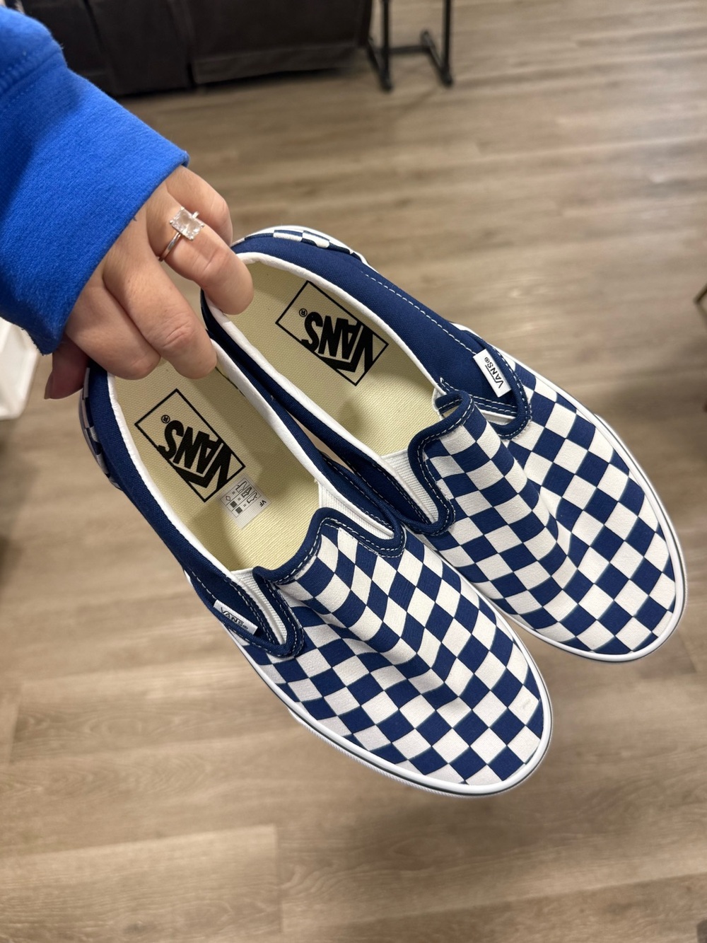 NWOT Vans blue and white checkered slip on sneakers